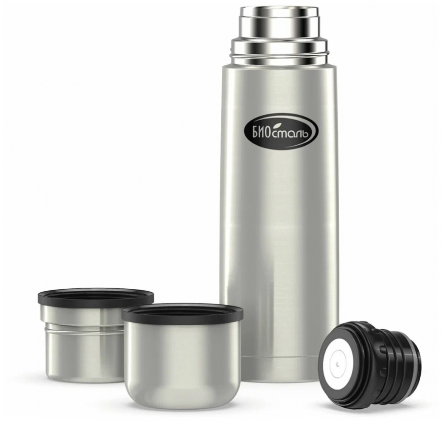Термос Биосталь с узкой горловиной и пробкой с кнопкой, 2 чашки, 0,75 л